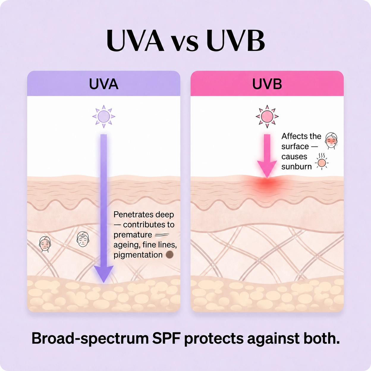 Comparison of UVA and UVB rays on skin with text about broad-spectrum SPF.