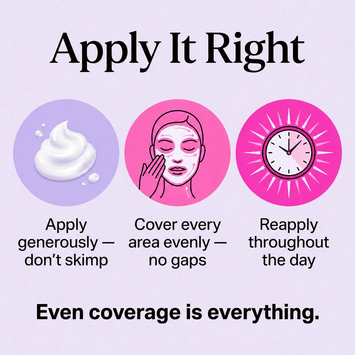 Instructions for applying makeup correctly with icons and text on a light purple background