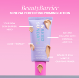 Naked Sundays BeautyBarrier mineral perfecting priming lotion packaging on a pink background with text highlighting features