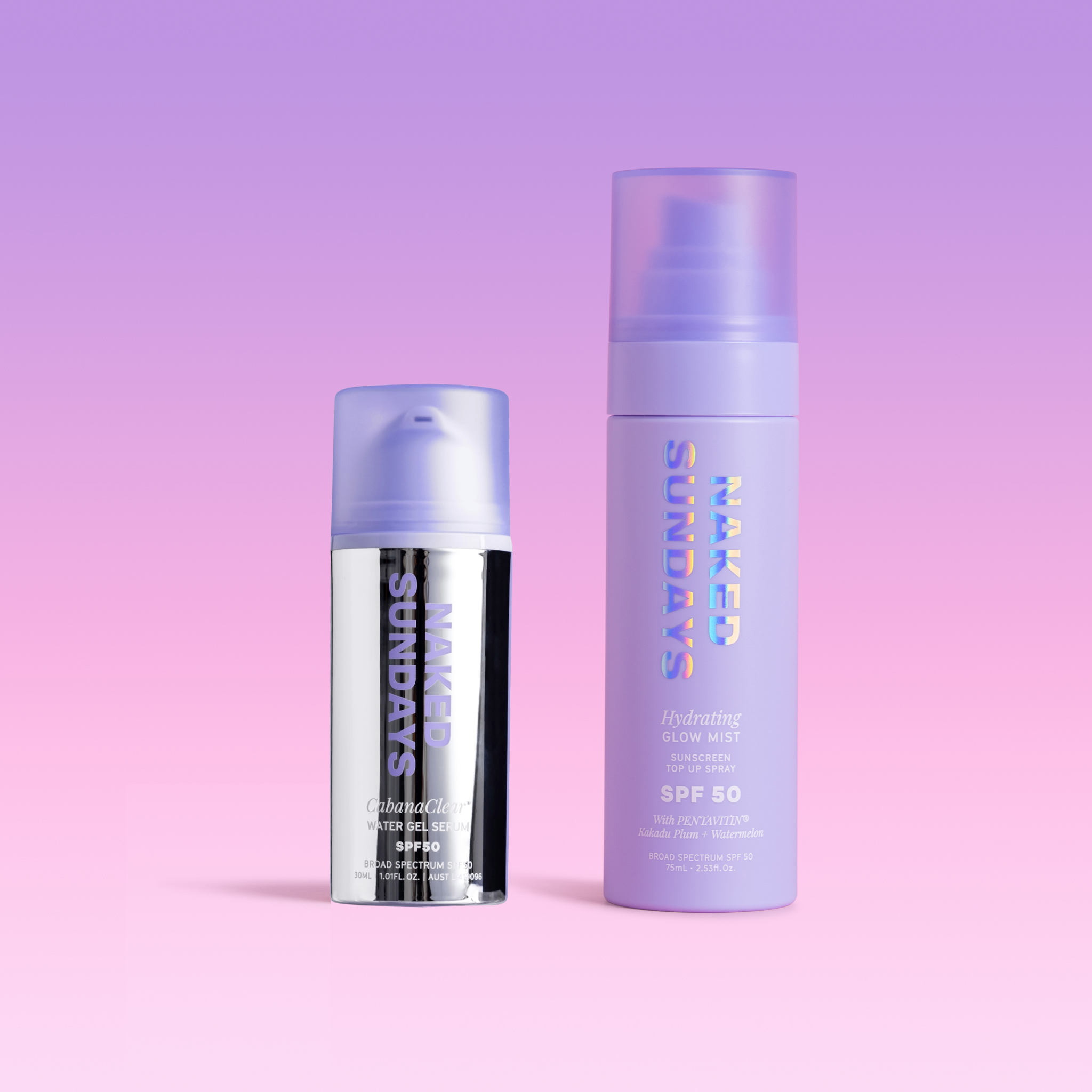 Naked Sundays Glass Skin Set with a silver CabanaClear SPF50 serum and a purple Hydrating Glow Mist SPF50 spray