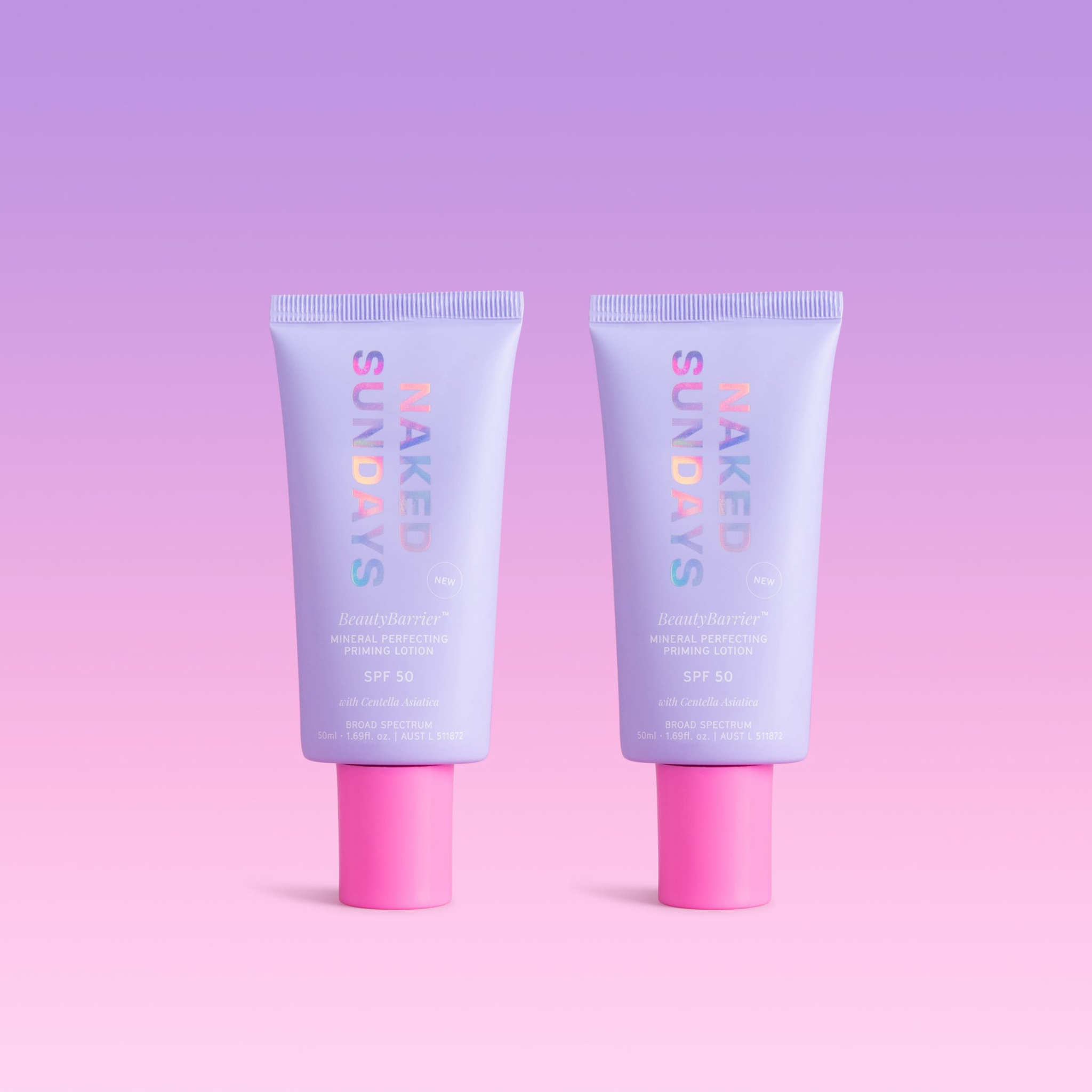 Two tubes of Naked Sundays BeautyBarrier on a pink and purple gradient background