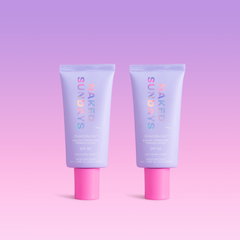 Two tubes of Naked Sundays BeautyBarrier on a pink and purple gradient background