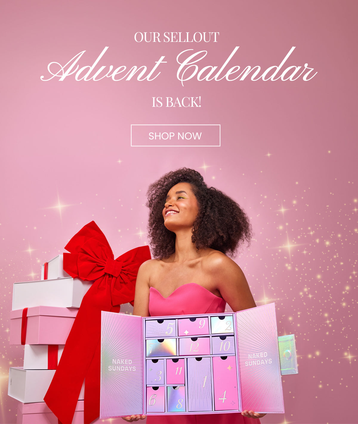 A holiday-themed clickable banner with the text: OUR SELLOUT ADVENT CALENDAR IS BACK. Shop Now.