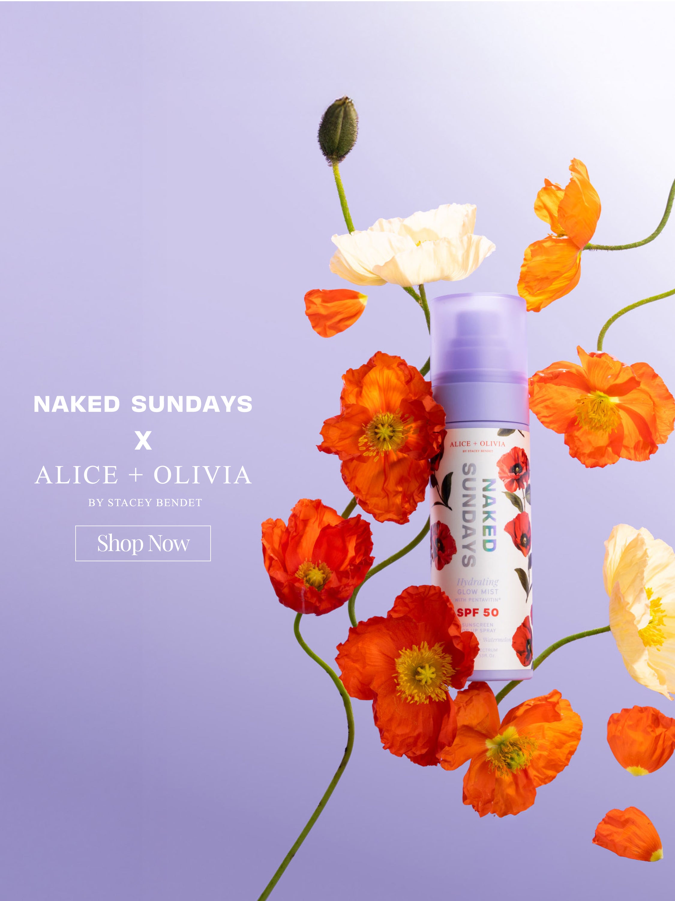 Naked Sundays x ALICE + OLIVIA Limited Edition Glow Mist with flowers on a purple background
