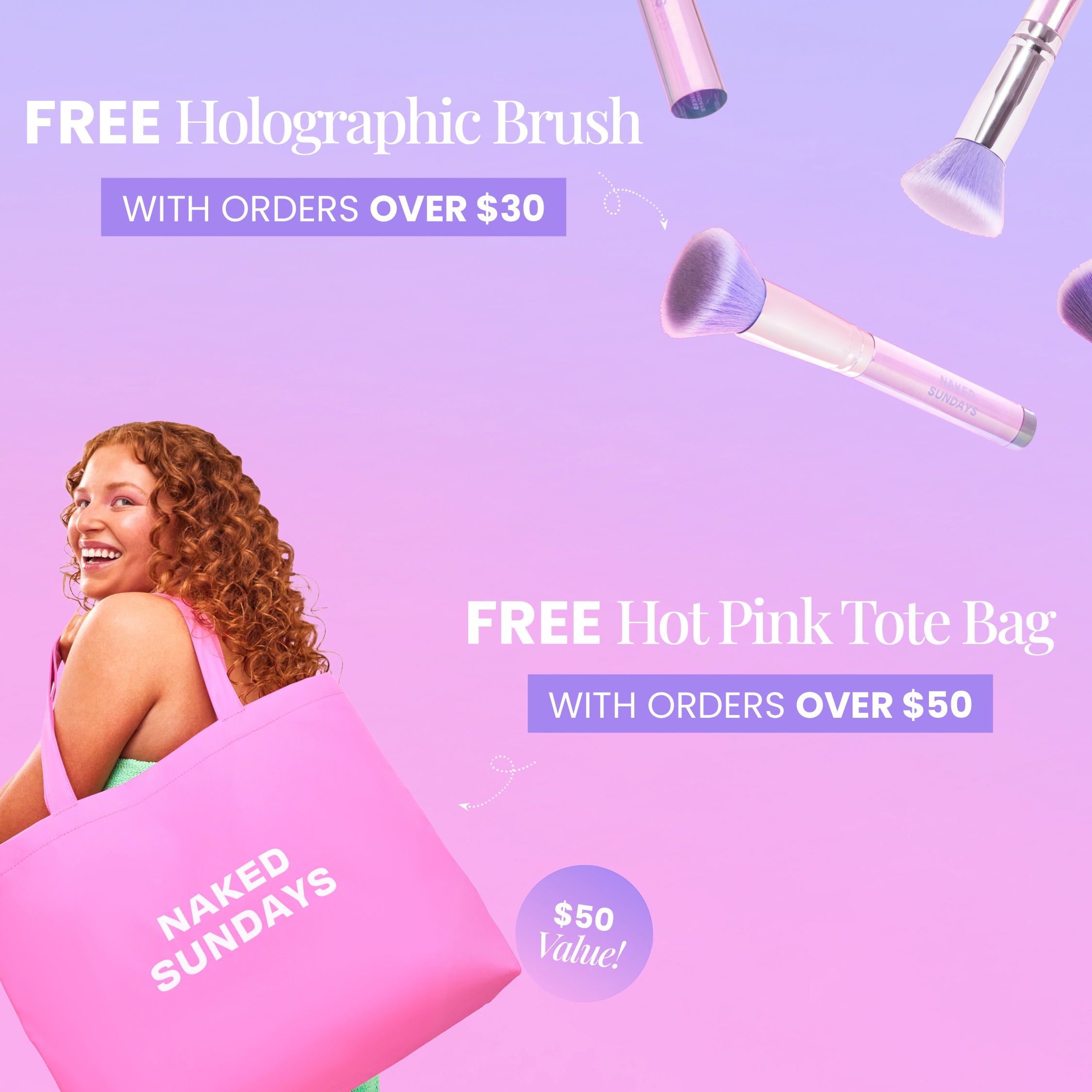 Promotional graphic with a woman holding a pink tote bag, free brush offer, and product pricing on a purple background.