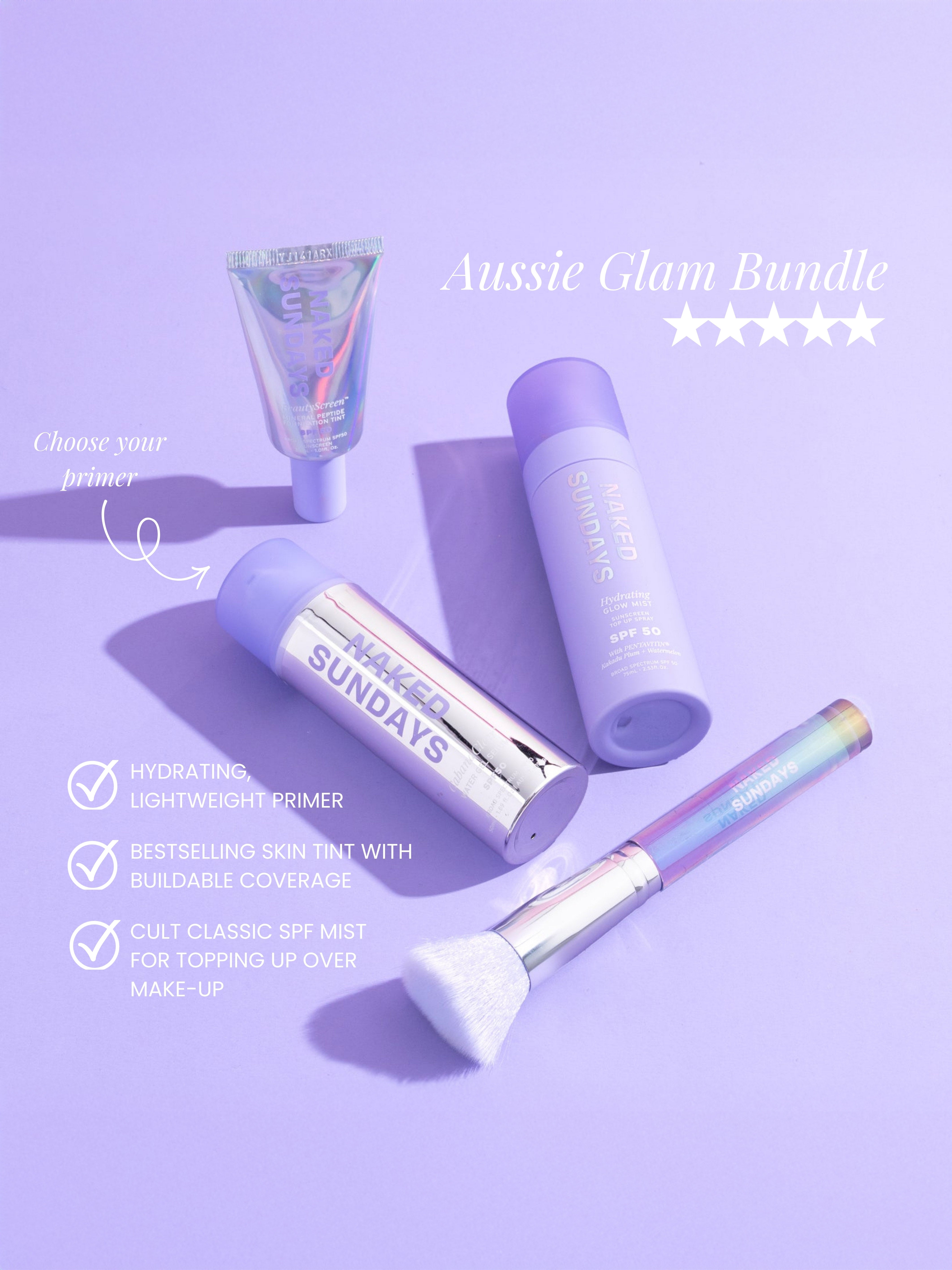 Aussie Glam Bundle products scattered on a lilac surface 