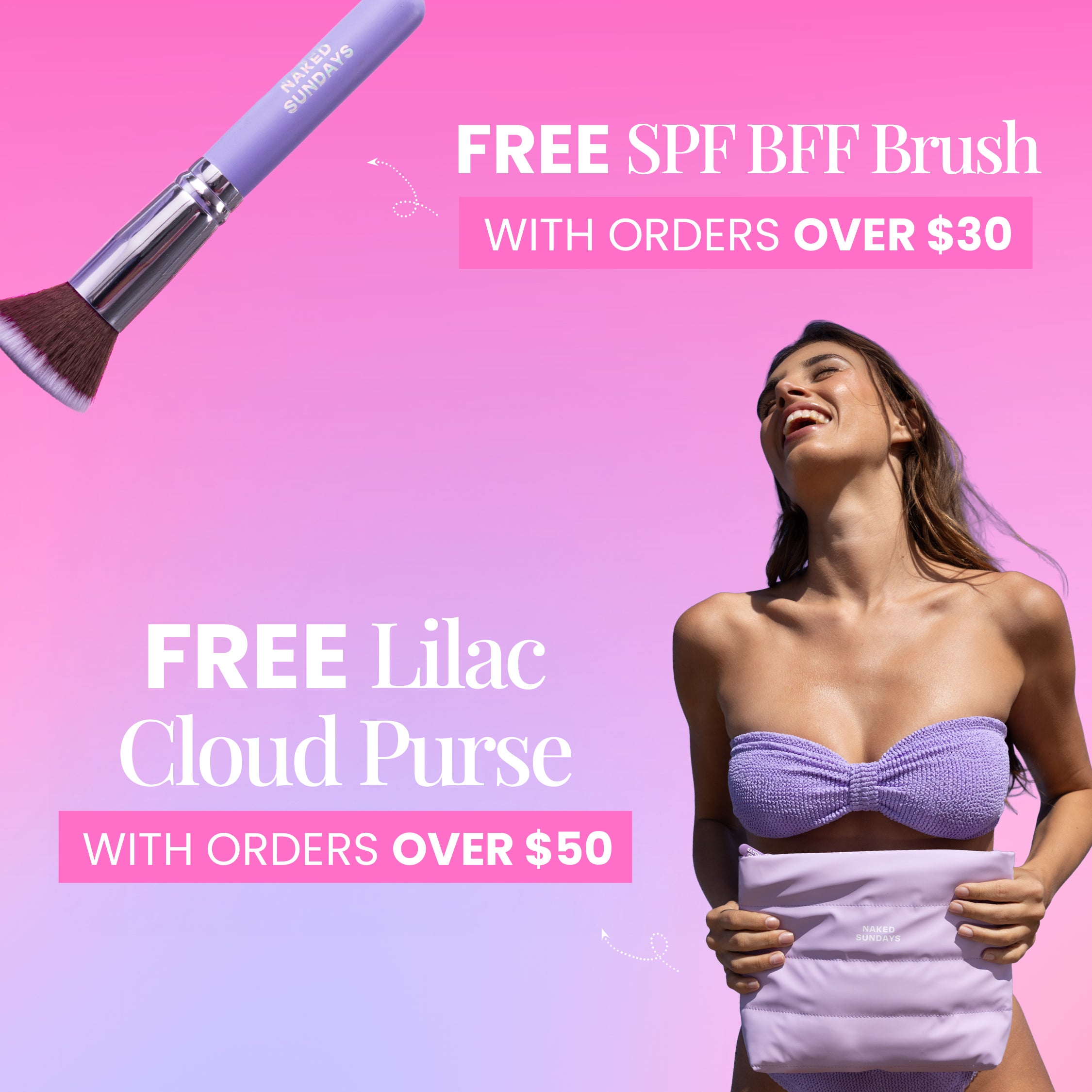 Woman in a purple bikini holding a lilac cloud purse with promotional text for free SPF BFF brush and lilac cloud purse on a pink background.