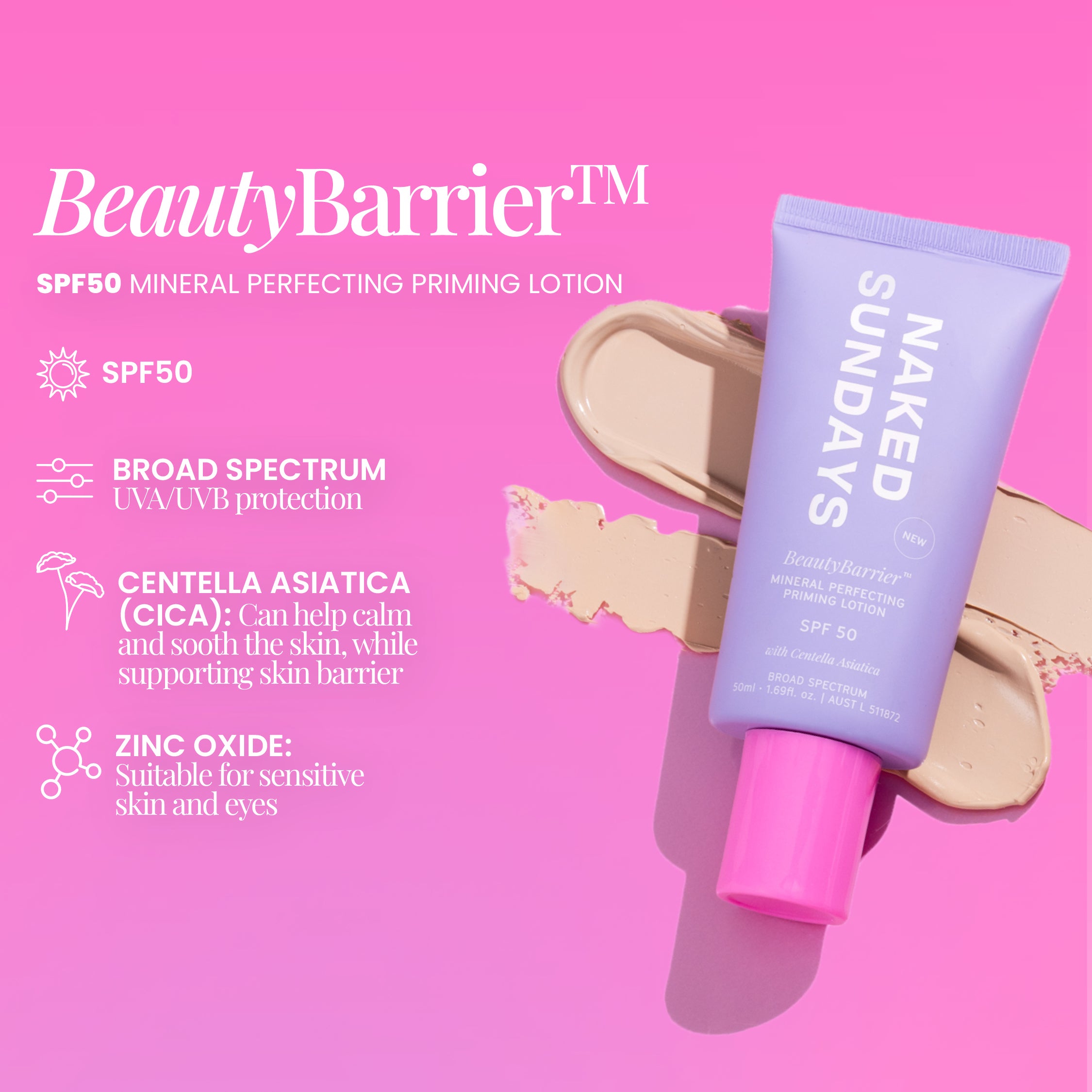 Naked Sundays BeautyBarrier SPF50 mineral perfecting priming lotion on a pink background