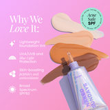 Naked Sundays foundation bottle with color swatches and text on a pink background