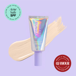 Naked Sundays Beauty sunscreen tube with a swatch on a purple background, featuring 'Acne Safe SPF' and 'Glamour Beauty & Wellness Awards 2026 Winner' badges.