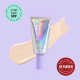 Naked Sundays Beauty sunscreen tube with a swatch on a purple background, featuring 'Acne Safe SPF' and 'Glamour Beauty & Wellness Awards 2026 Winner' badges.