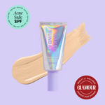 Naked Sundays Beauty sunscreen tube with a swatch on a purple background, featuring 'Acne Safe SPF' and 'Glamour Beauty & Wellness Awards 2026 Winner' badges.