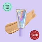 Naked Sundays Beauty sunscreen tube with a swatch on a purple background, featuring 'Acne Safe SPF' and 'Glamour Beauty & Wellness Awards 2026 Winner' badges