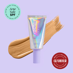 Naked Sundays Beauty sunscreen tube with a swatch on a purple background, featuring 'Acne Safe SPF' and 'Glamour Beauty & Wellness Awards 2026 Winner' badges