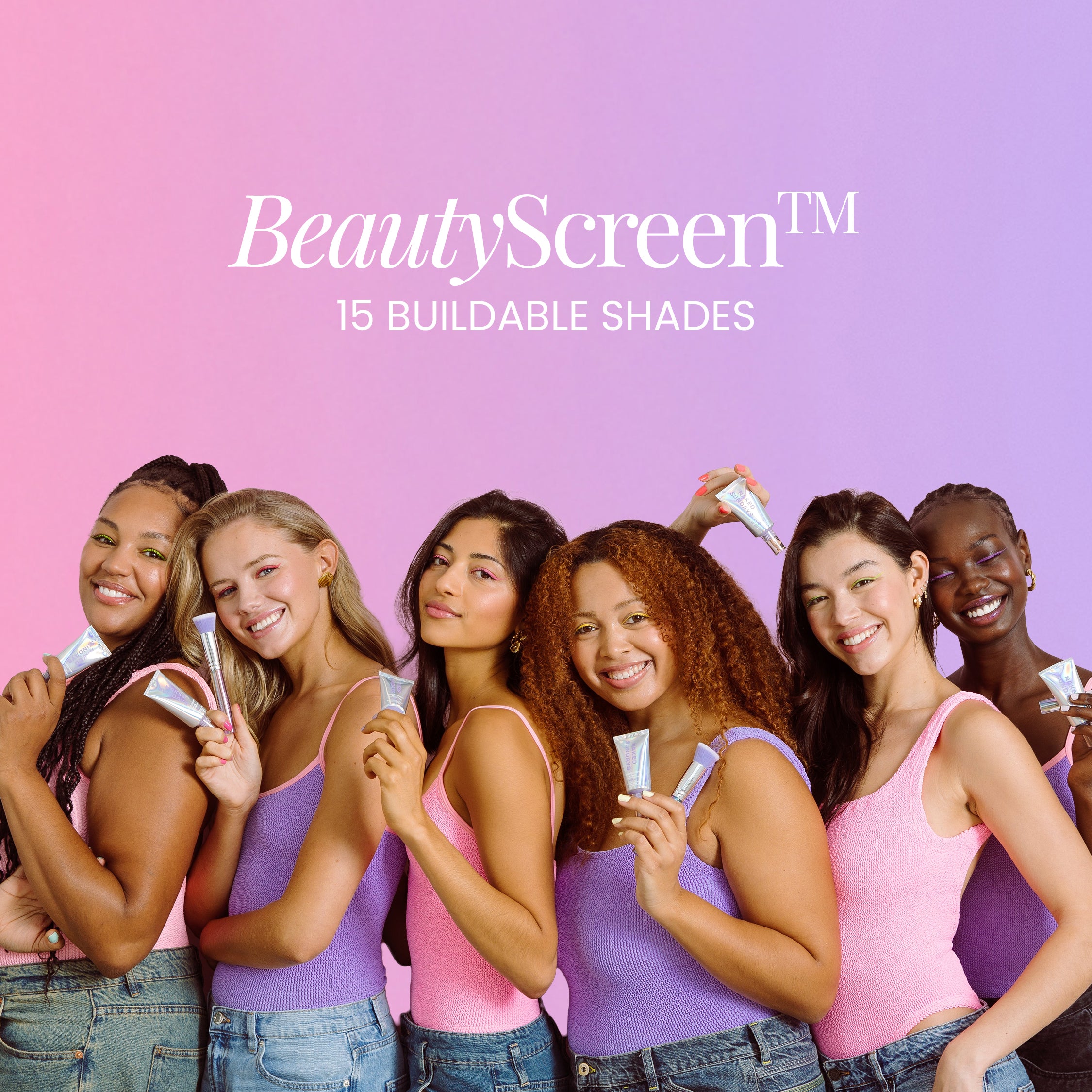 Group of women holding BeautyScreen products against a pink and purple gradient background