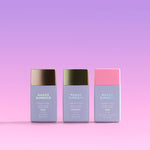 Three Naked Sundays CabanaGlow SPF50 Serum Drops in Blush, Illuminating and Bronze on a pink background