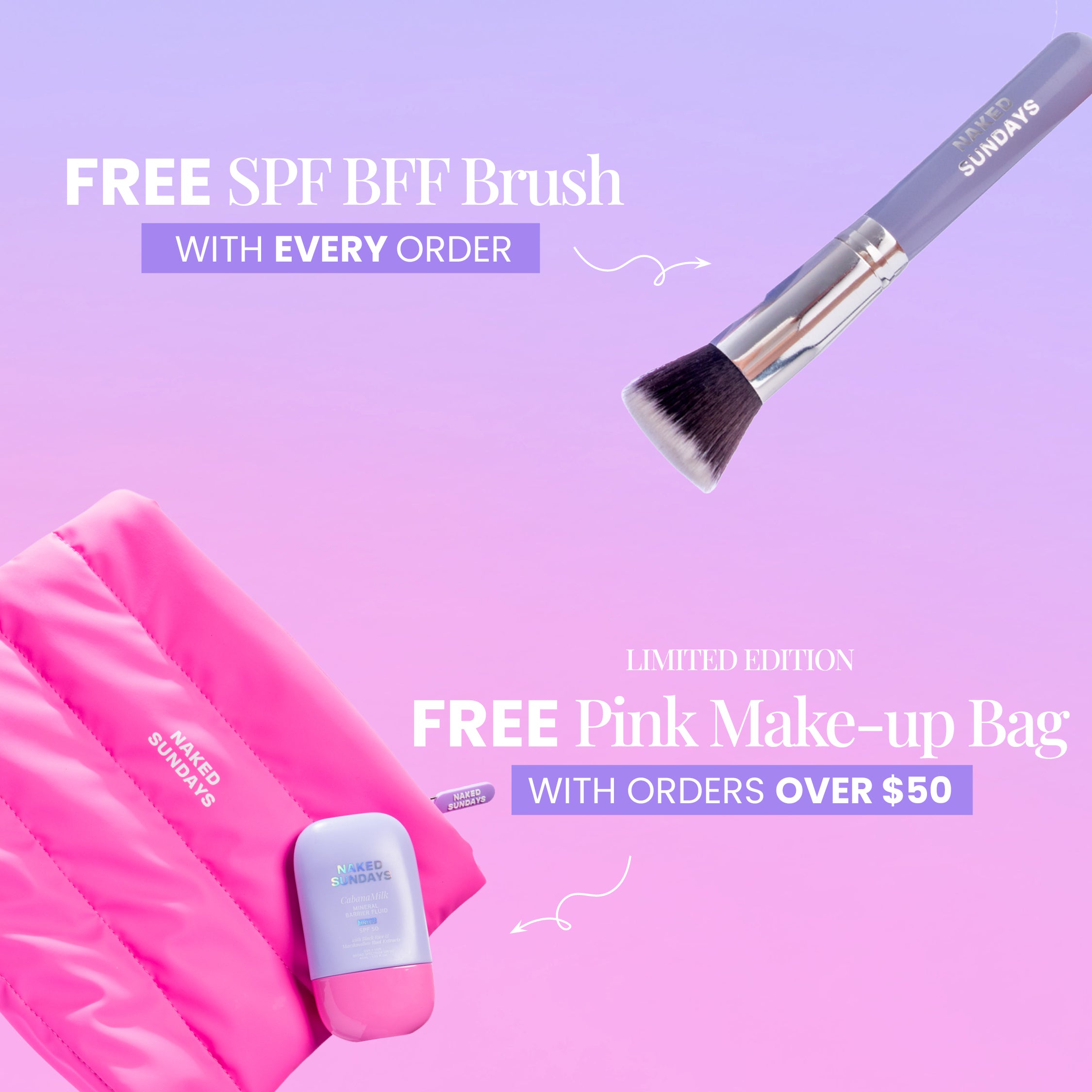 Makeup brush and pink makeup bag with promotional text on a purple background