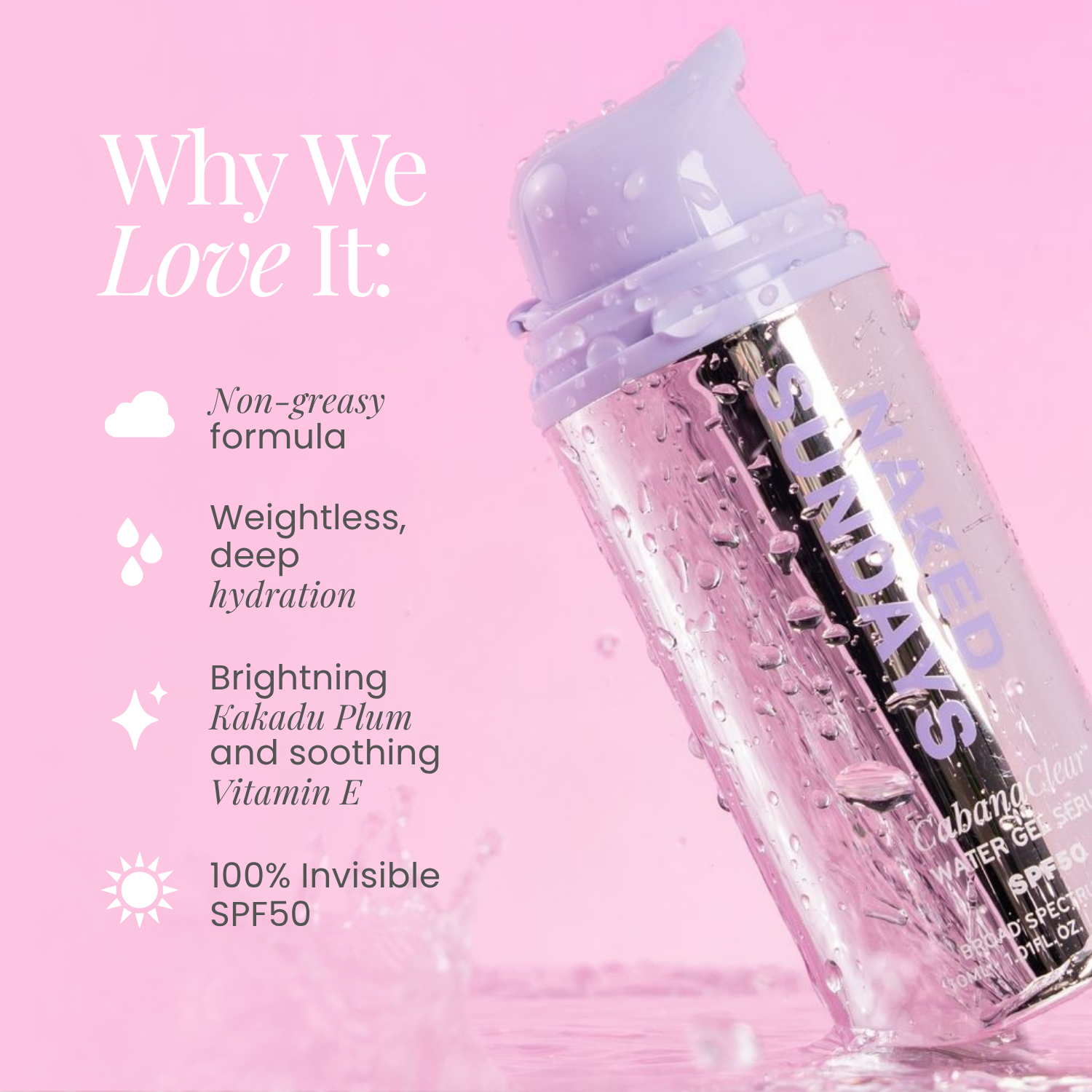 Infographic of Naked Sundays SPF50 Water Gel Serum highlighting the products key features