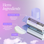 Naked Sundays CabanaClear SPF50 Water Gel Serum with labeled ingredients on a purple background