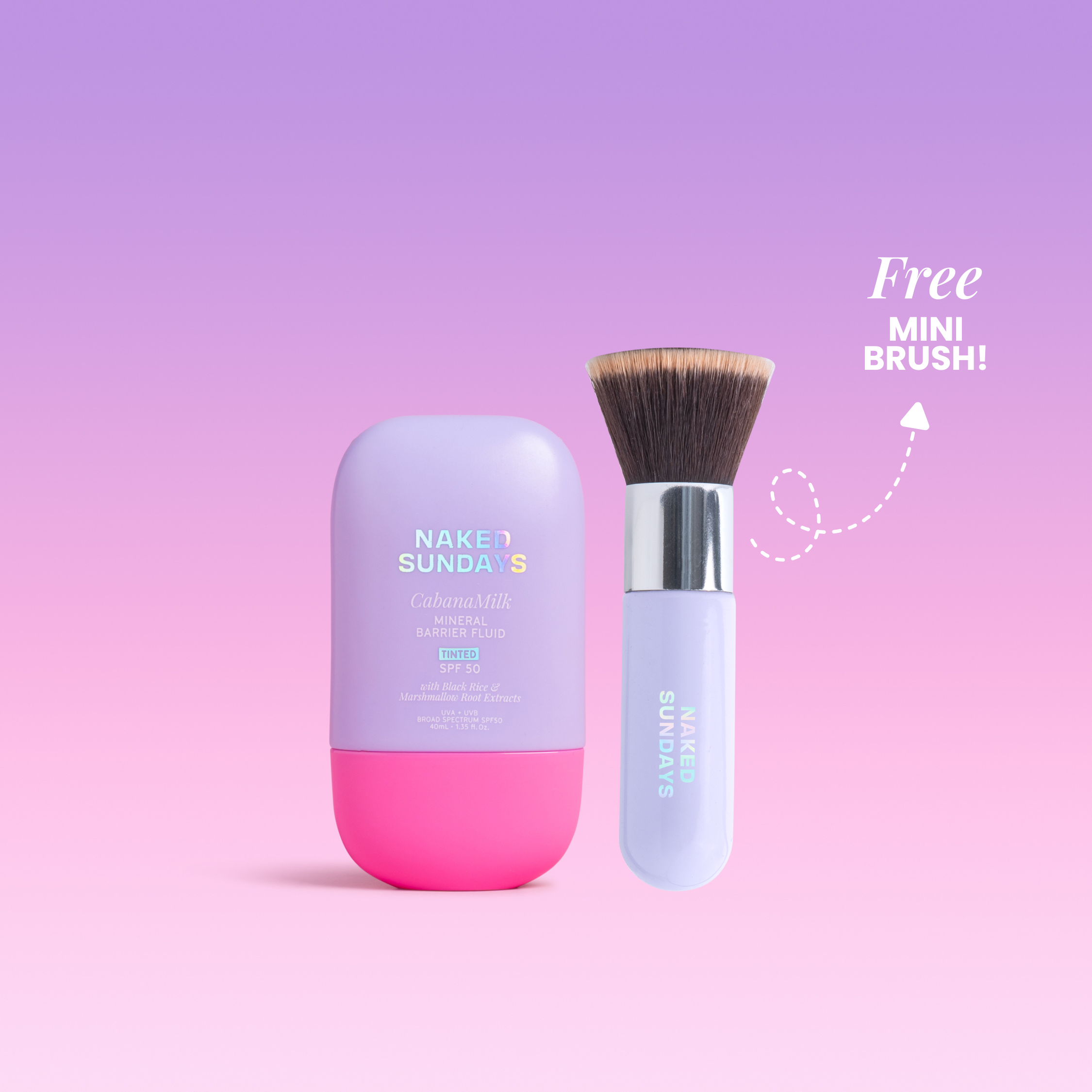 CabanaMilk SPF50 bottle and matching mini flat top makeup brush against a purple and pink gradient background