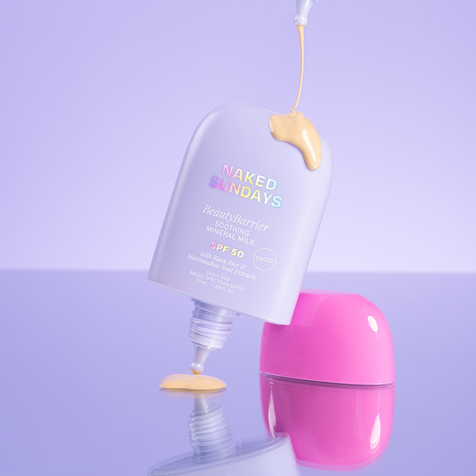 the cabanamilk Beautybarrier SPF50 on a purple background