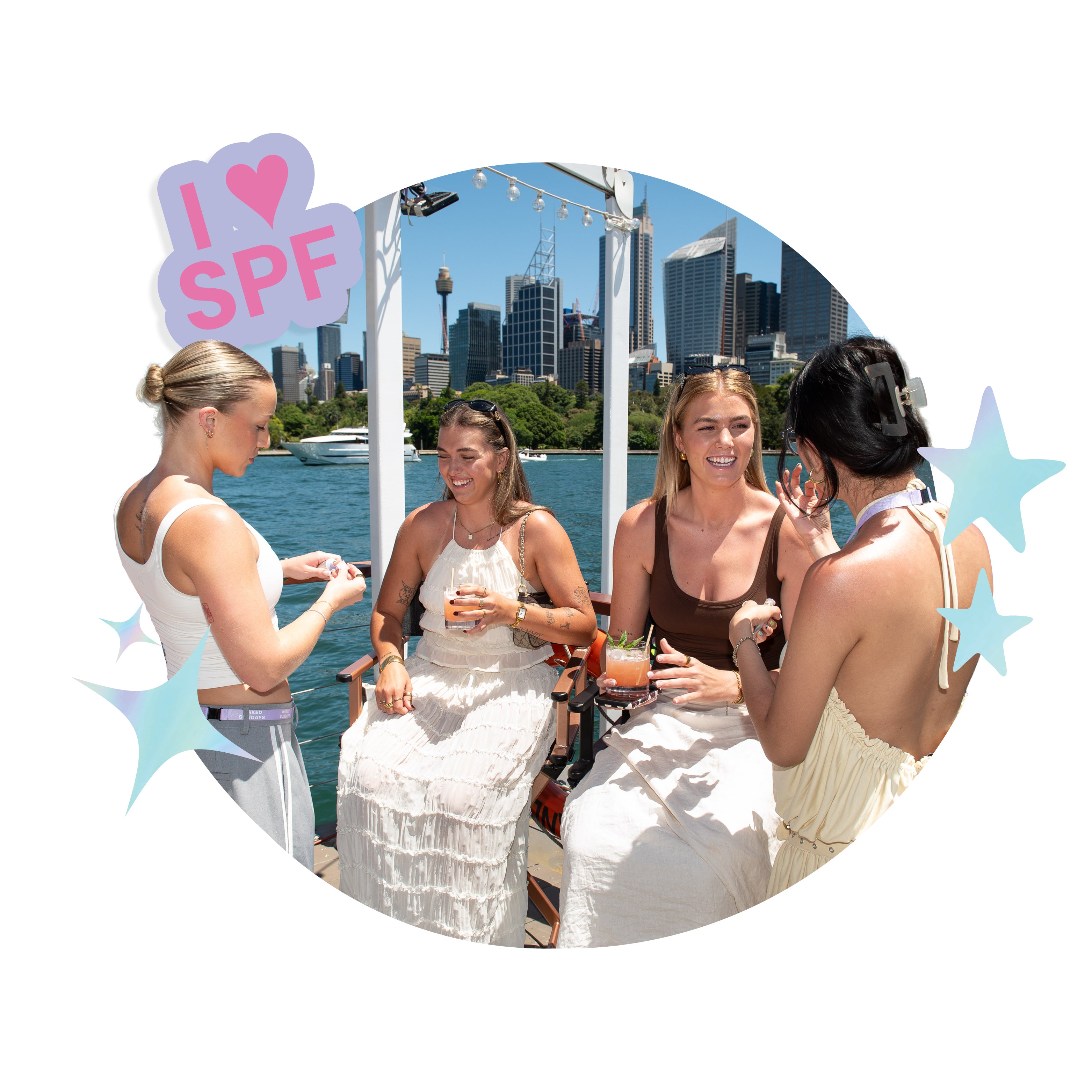 Four women sitting on a boat with a city skyline in the background, featuring 'I ❤️ SPF' text.