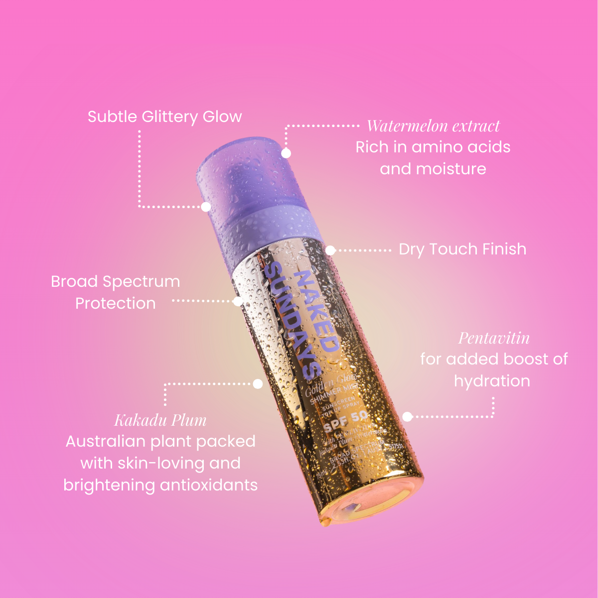 Infographic of benefits included in Naked Sundays Golden Glow Shimmer Mist SPF50.