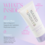 Naked Sundays sunscreen tube with ingredients and benefits on a light purple background