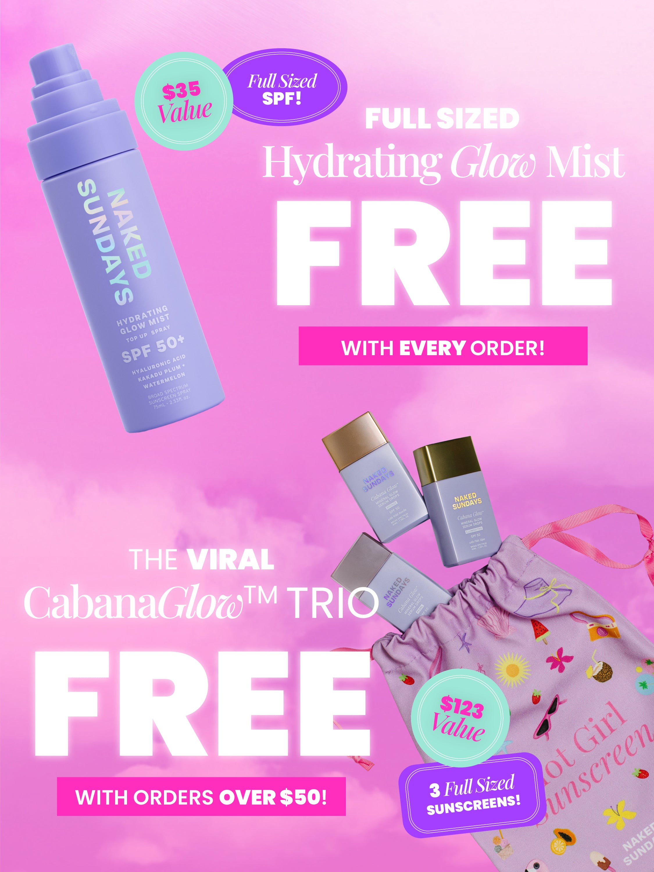 Mobile banner offering a FREE full sized Hydrating Glow Mist with every order and a free CabanaGlow Trio with all orders over $50.