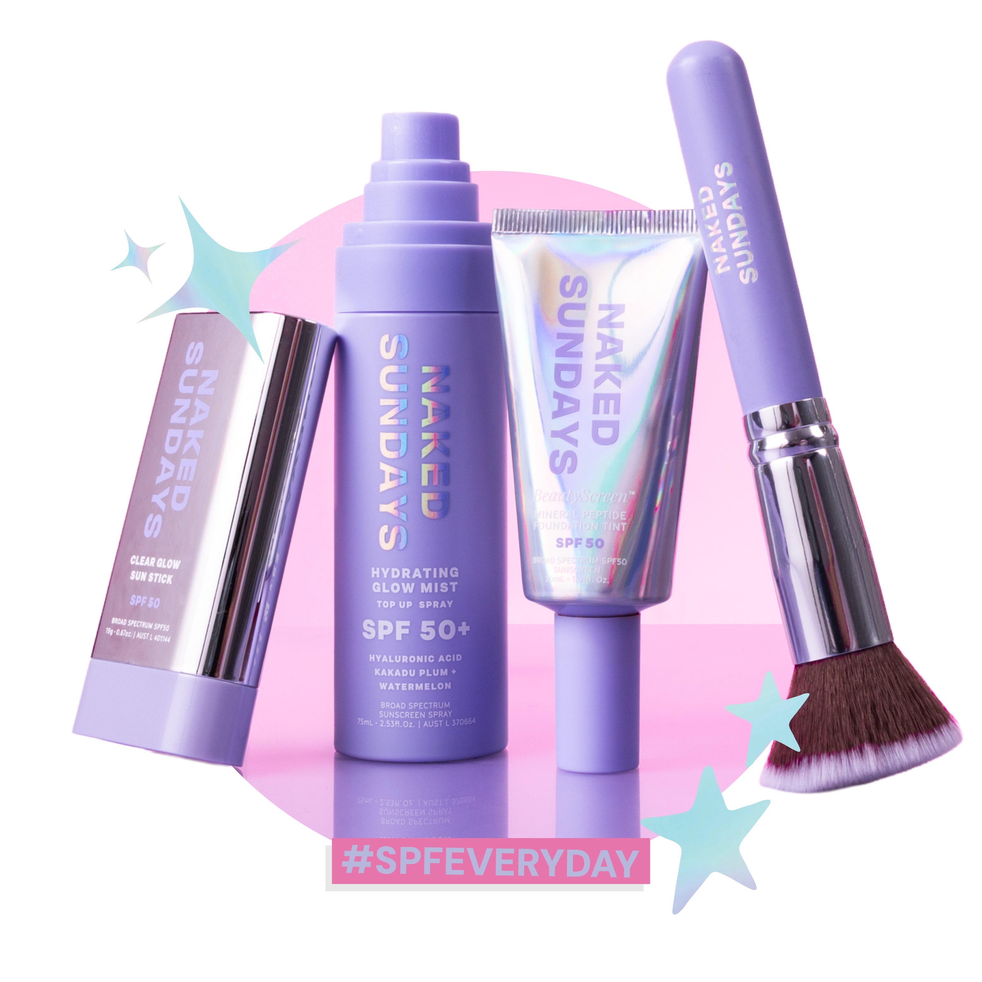 Naked Sundays skincare and makeup products on a white background