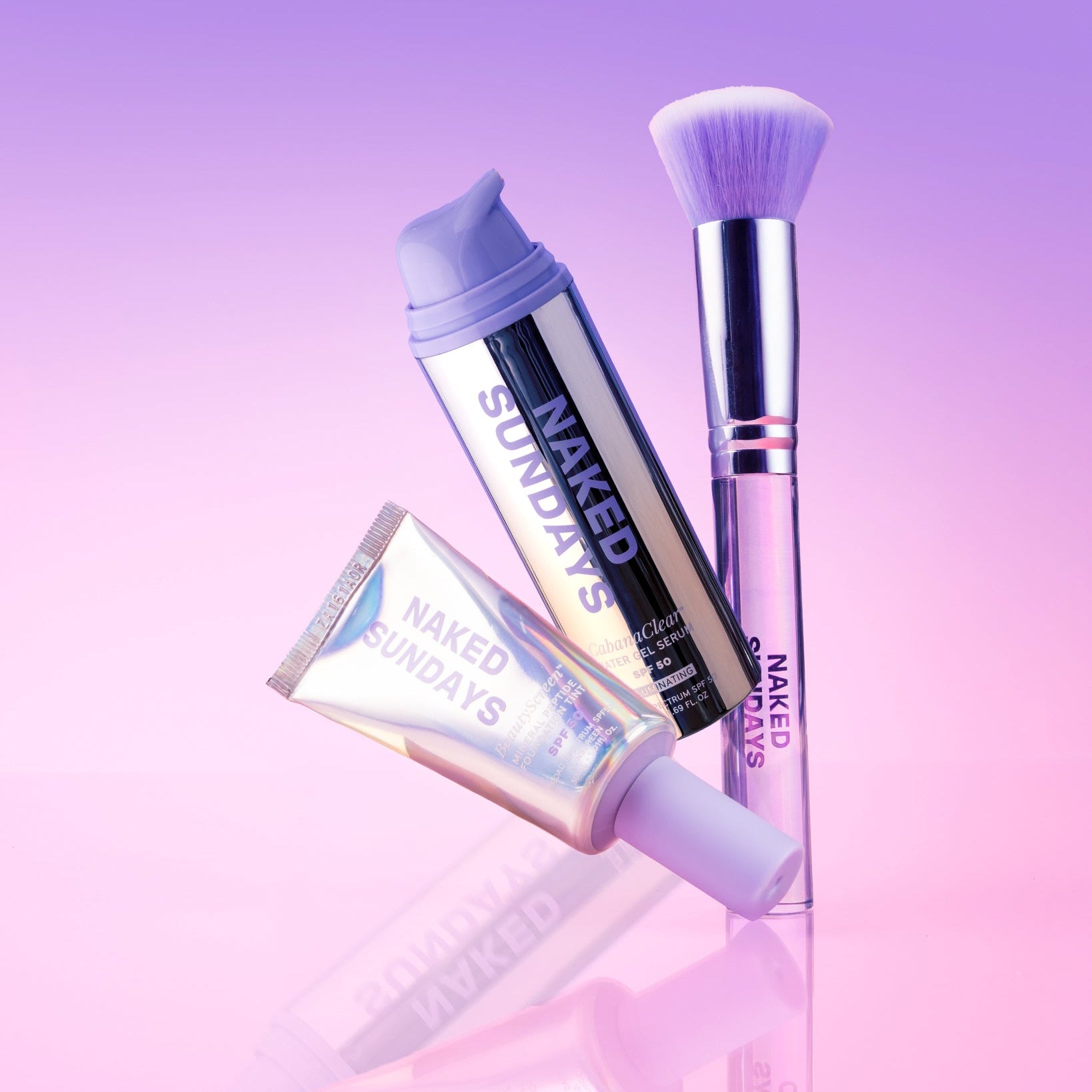 Three Naked Sundays products floating on top of a pink and purple gradient background.