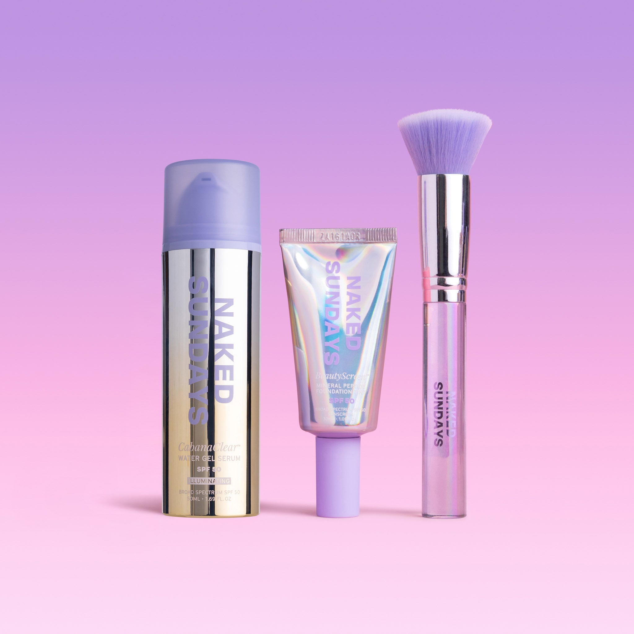 Three Naked Sundays products sitting in front of a pink and purple gradient background.