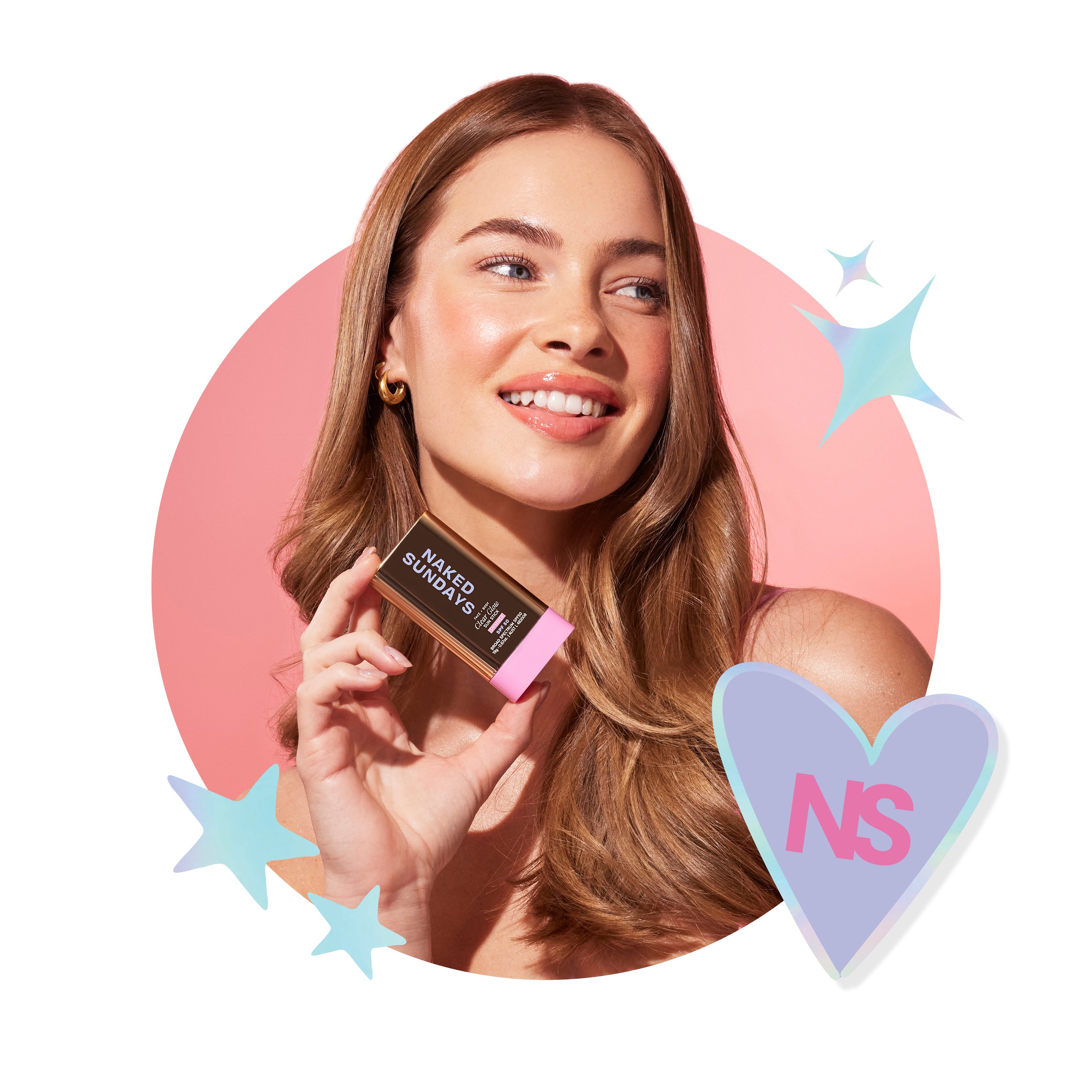 Woman holding a makeup product with 'NS' branding on a pink and white background