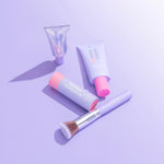 Makeup products with 'Naked Sundays' branding on a purple background