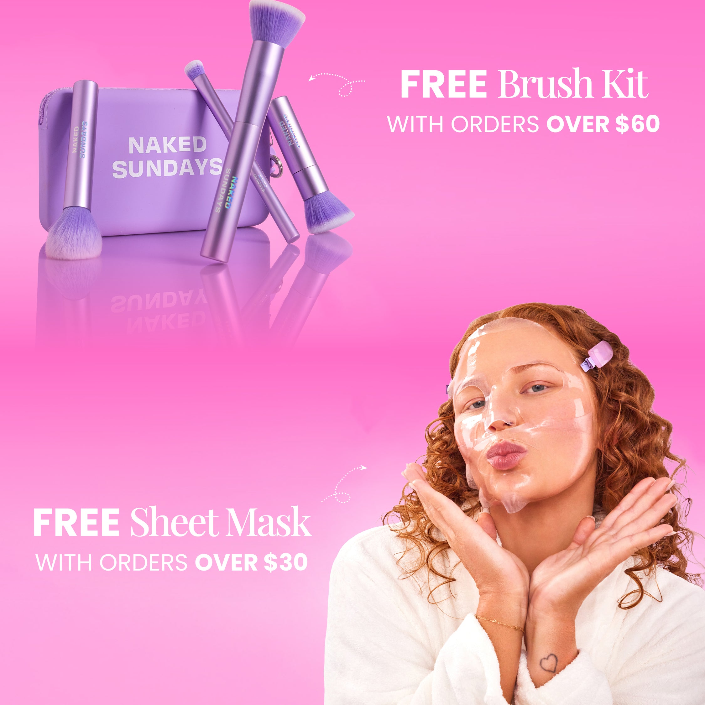 Promotional graphic with a woman applying cream, free brush kit, and sheet mask offer on a pink background.
