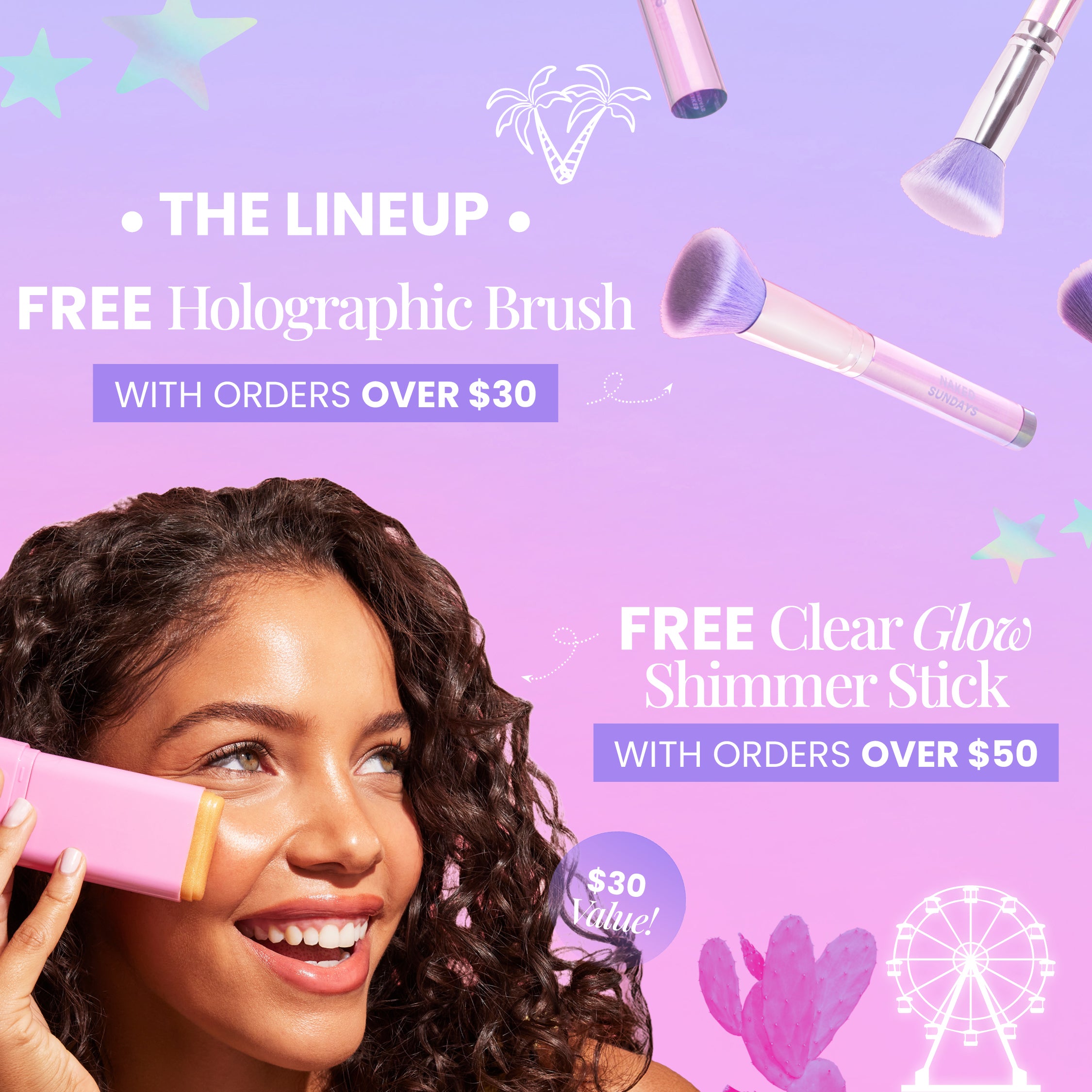 Promotional graphic with a woman applying makeup, free brush offer, and clear glow shimmer stick offer on a purple background.