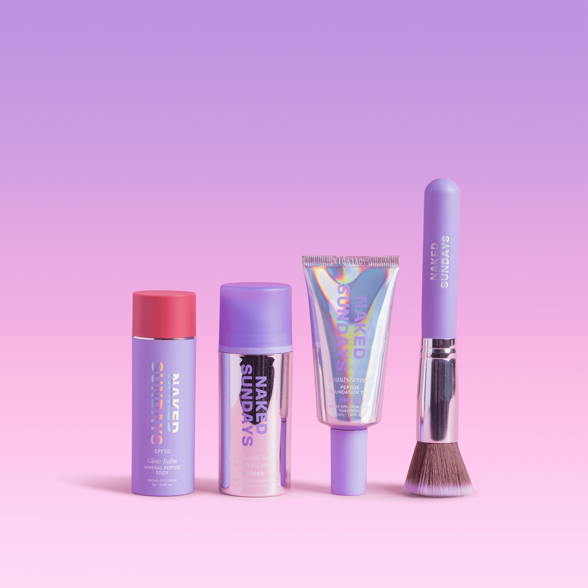 A GIF of four Naked Sundays products rotating between different shade of GlowBalm and different kinds of SPF50 
primer