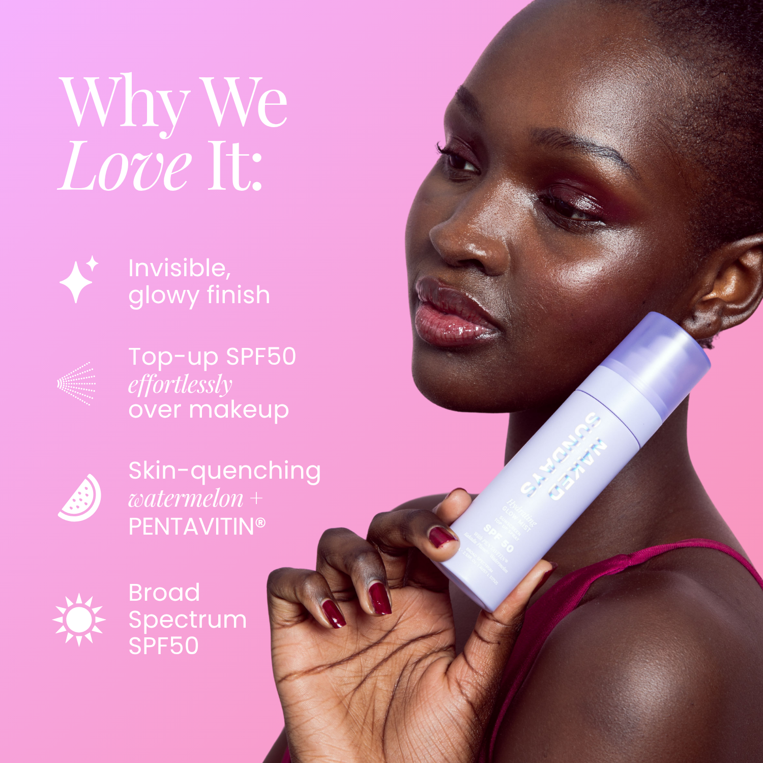 Woman holding a bottle of Naked Sundays Glow Mist SPF50 Hydrating Setting Spray