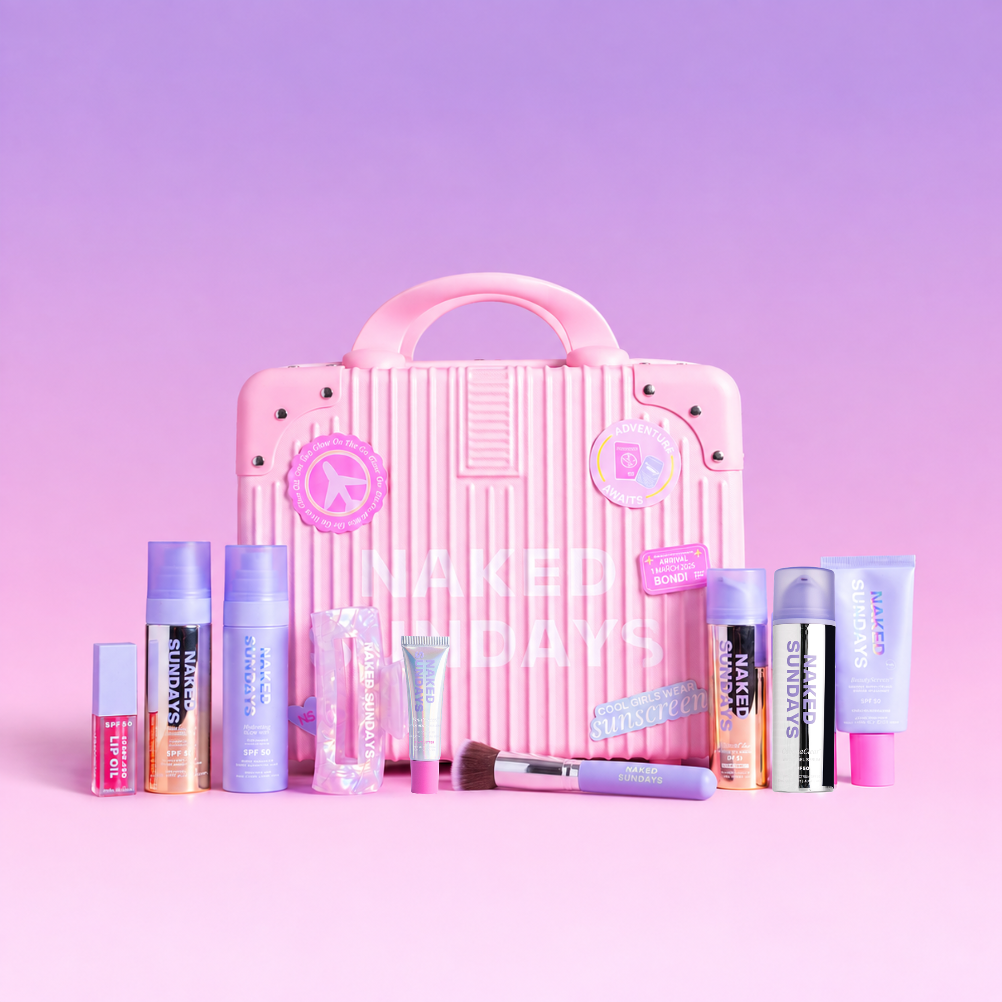 Naked Sundays Pink Jetsetter Kit filled with SPF50 products
