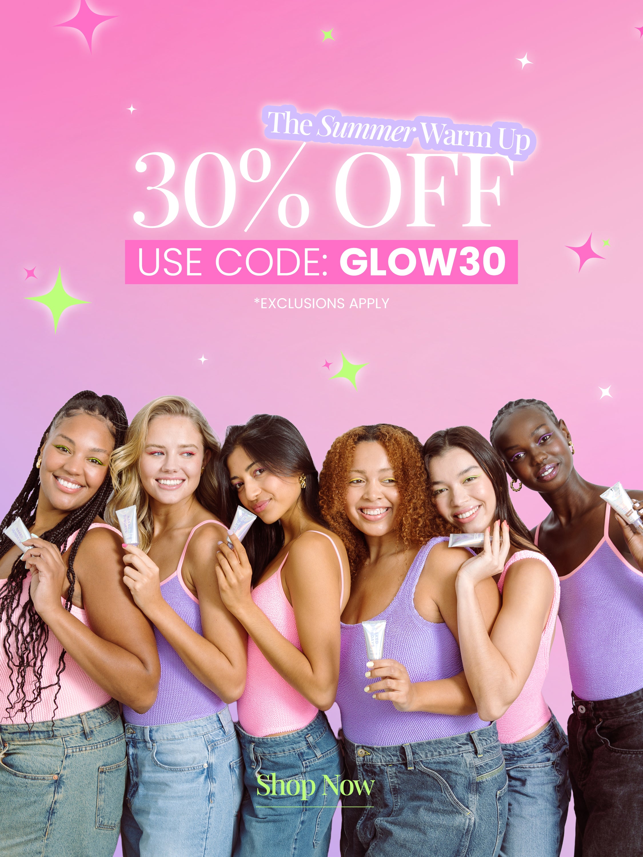Promotional advertisement with six women holding products against a pink background, offering 30% off with a code.