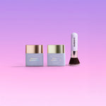Two skincare products and a brush with 'Naked Sundays' branding on a gradient pink and purple background