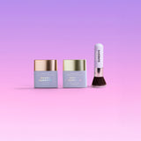 Two skincare products and a brush with 'Naked Sundays' branding on a gradient pink and purple background