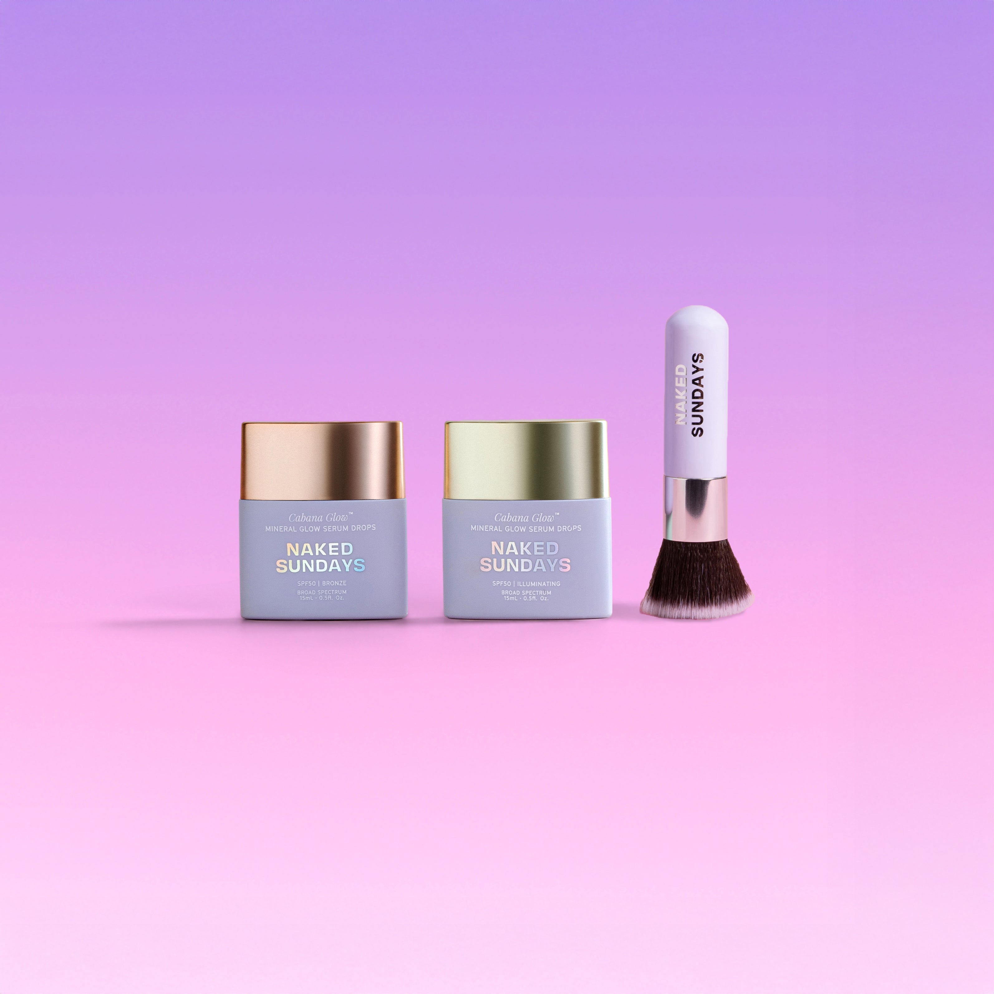 Two skincare products and a brush with 'Naked Sundays' branding on a gradient pink and purple background