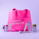 Naked Sundays Hot Pink Tote bag with brush, Cabana Glow Illuminating Serum Drops, PoutScreen in Cotton Candy, Cabana Clear Serum and more on a light purple background