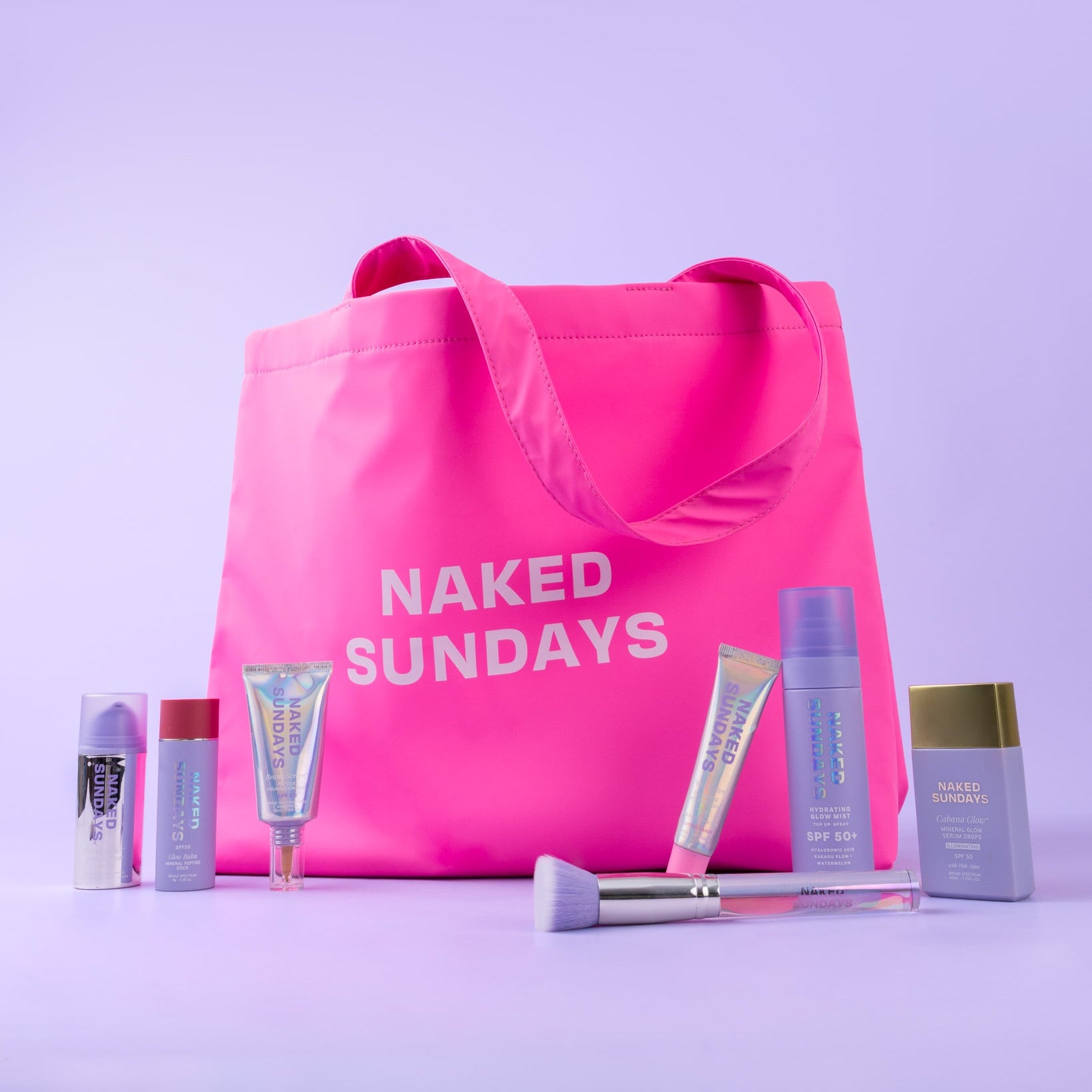 Naked Sundays Hot Pink Tote bag with brush, Cabana Glow Illuminating Serum Drops, PoutScreen in Cotton Candy, Cabana Clear Serum and more on a light purple background