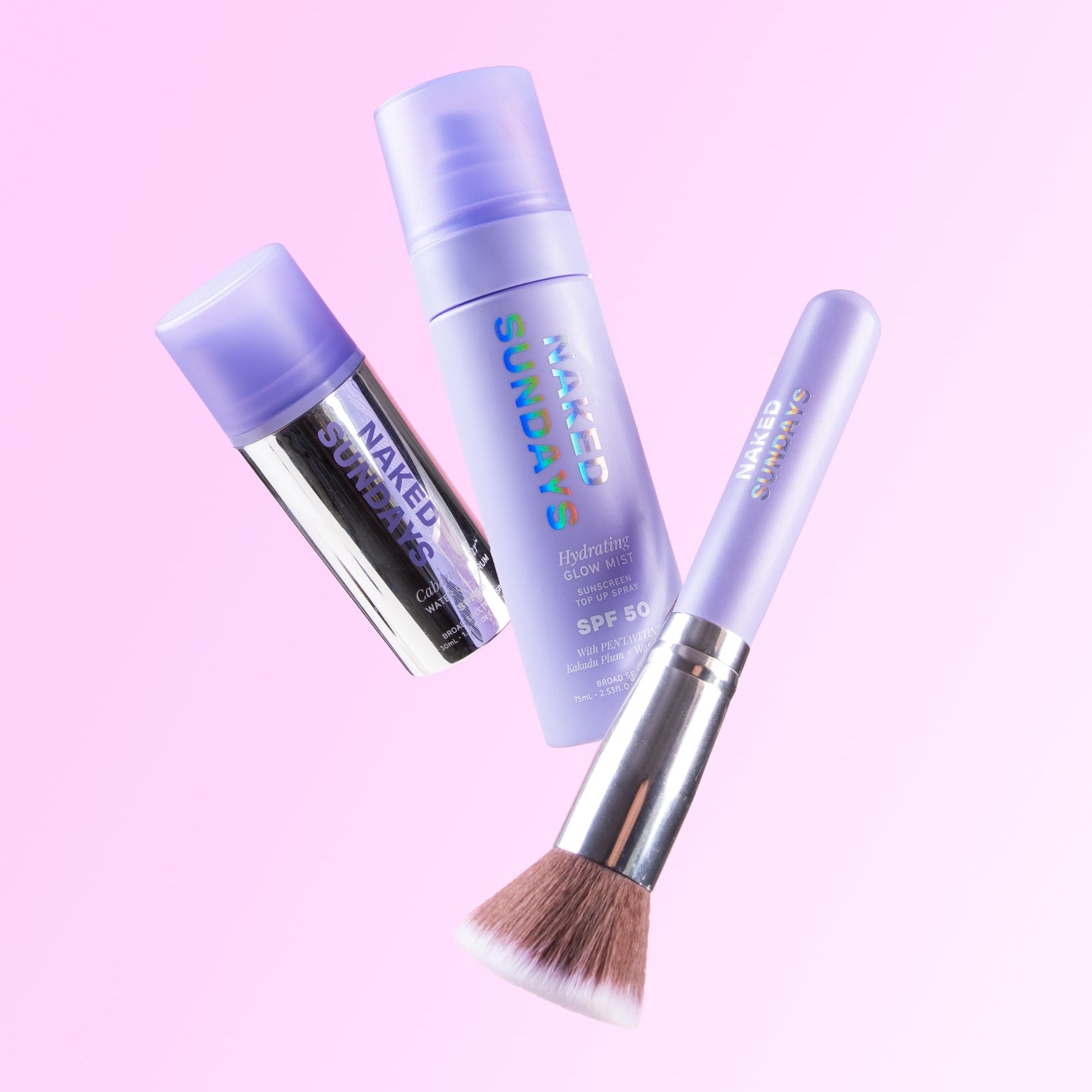 Three floating Naked Sundays products on a light pink gradient background