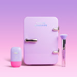 Purple mini fridge with 'Naked Sundays' branding, accompanied by a bottle and brush on a pink background
