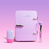 Purple mini fridge with 'Naked Sundays' branding, accompanied by a bottle and brush on a pink background