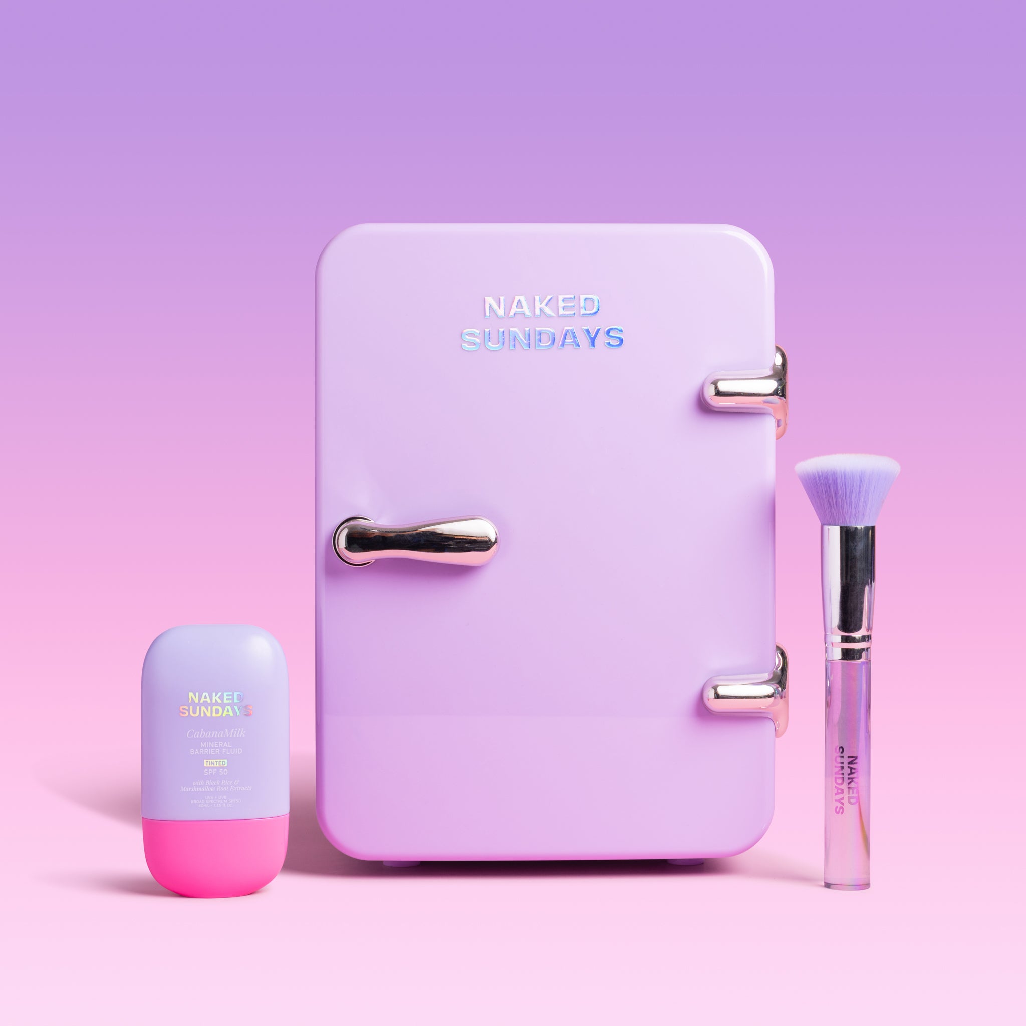 Purple mini fridge with 'Naked Sundays' branding, accompanied by a bottle and brush on a pink background