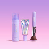 Naked Sundays products including a Glow Mist bottle, BeautyScreen SPF50 tube, and brush on a pink and purple gradient background